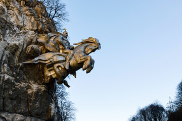 Tseyskoye Gorge, Russia, North Ossetia, October 21, 2021. Sculpture of St. George in the rock at the entrance to the Tseyskoye Gorge. Republic of North Ossetia - Alania