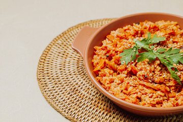Kimchibokkeumbap, Korean Kimchi Fried Rice : Rice fried with finely chopped kimchi. Beef, pork, onions, green onions, and other vegetables may be added according to taste.