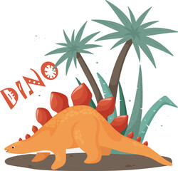 Cute dinosaur with spikes on its back against a background of palm trees and grass