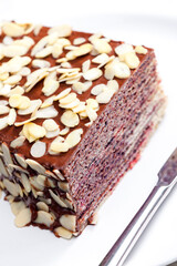 buiscuit cake with dark chocolate decorated with almonds