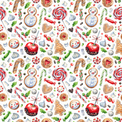 Traditional Christmas, New Year sweets seamless watercolor pattern on a white background. Caramelized apples, candies, gingerbread, lollipops, cookies festive background.