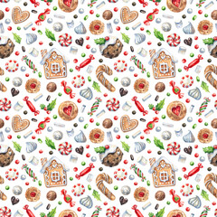 Gingerbread cookies, candy canes, candies, caramel, marshmelo and other traditional Christmas, New Year sweets seamless pattern on white background. Watercolor illustration.