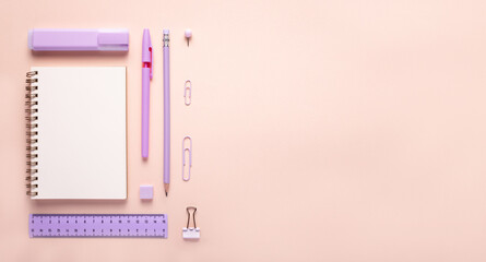 Top view flat lay of woman purple workspace desk styled design office supplies with copy space on a millennial pink color paper background minimal style. Square Template for feminine blog social media
