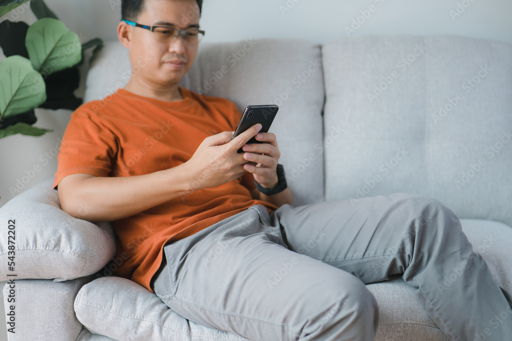Poster happy smiling man using smartphone device while chilling on sofa a home, cheerful hipster guy typing