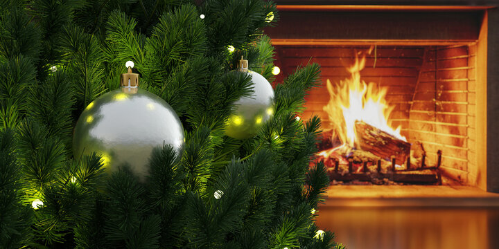 Christmas tree and burning fireplace. Winter holiday decoration.