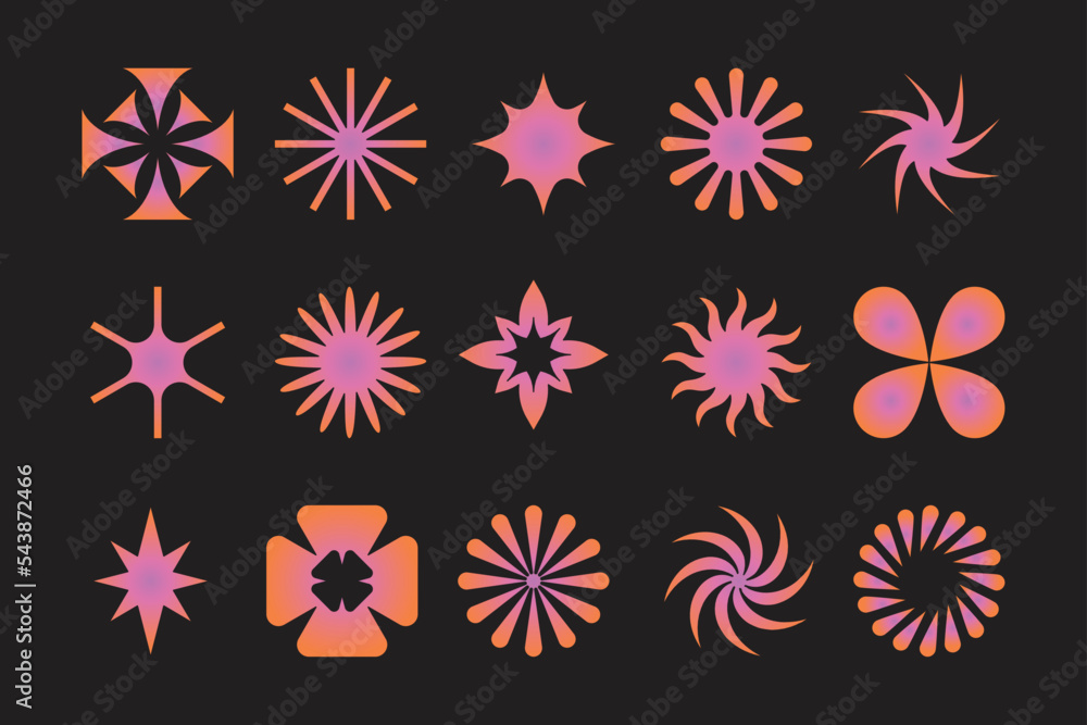 Poster Vector set of design elements and illustrations in simple flat linear style - sun symbols, abstract forms and shapes - logo design templates, badges and stickers for posters, prints, banners