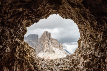 View out of a loophole of the Mount Lagazuoi tunnels, built during the First World War, Dolomite...