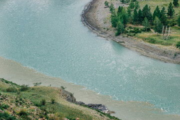Top view of the confluence of two different colored rivers