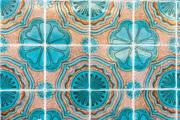 Close-up of Traditional portuguese and spanish classic tile blue on beije Azulejo background