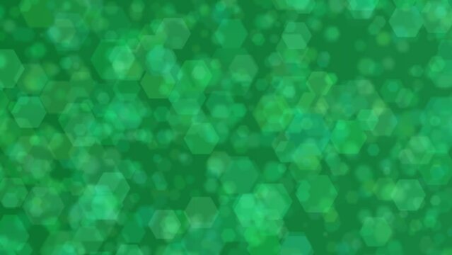 Motion graphics. forest green abstract defocused background, hexagon shape bokeh spots