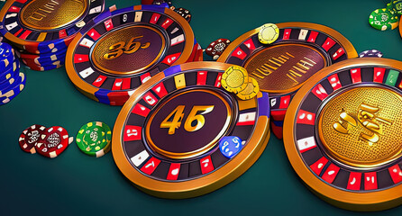illustration of casino chips on dark green background, digital art