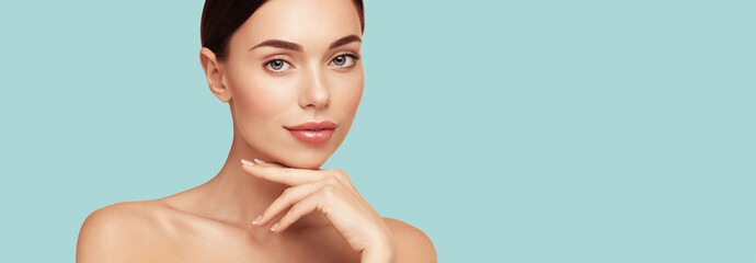 Beauty treatment and spa concept. Skincare. Attractive model with brown hair and  Clean Fresh Skin...