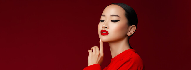 Attractive young korean model with red lips make up touching chin and posing against red background.