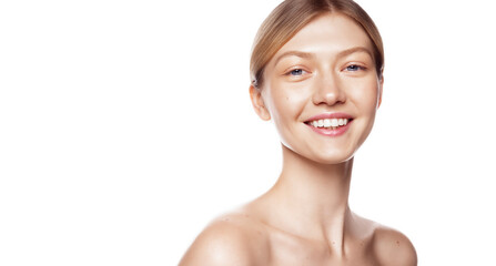 Beauty Portrait of happy young woman with healthy skin and natural blonde hair against white background. Natural skincare concept