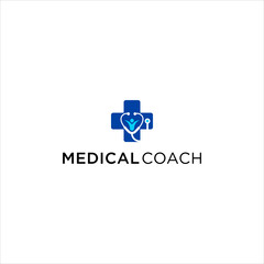 Fototapeta premium Modern medical coaching logo design with stethoscope plus icon blue circle symbol for health care clinic hospital education teaching learning service professional vector concept