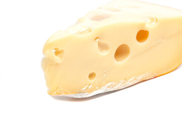 Piece of cheese with big holes, isolated on white background
