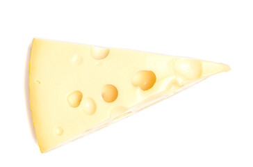 Piece of cheese with big holes, isolated on white background,top view