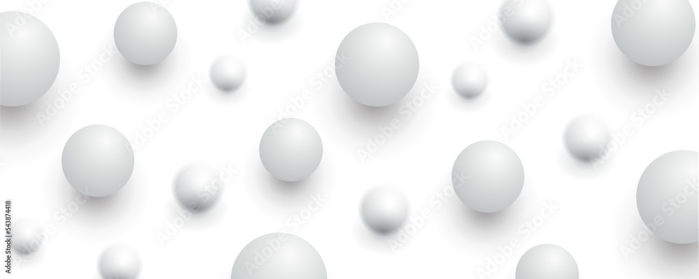 Poster Light background with white balls. Flying ball in empty space.White abstraction 3d round spheres, blur effect. Geometric design circle shapes pattern – vector