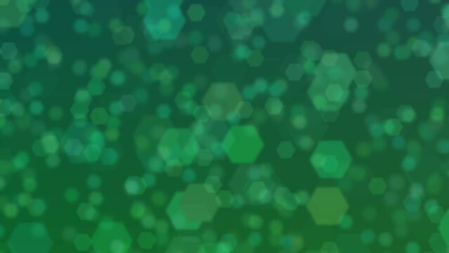 Motion graphics. forest green abstract defocused background, hexagon shape bokeh spots