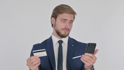 Online Shopping Failure on Smartphone for Young Businessman on White Background