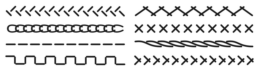 Set stitch sewing machine. Cut lines. Sewing stitches set seam - vector