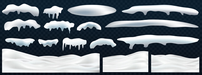 Set of snow caps, pile, icicles, ice, snowball and snowdrift isolated on transparent background. 3d Winter decorations, Christmas, snow texture, white elements, holiday design