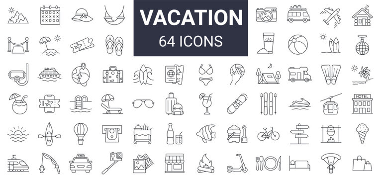 Set of 64 vacation, travelling, recreation, adventure icon set. Editable stroke. 
