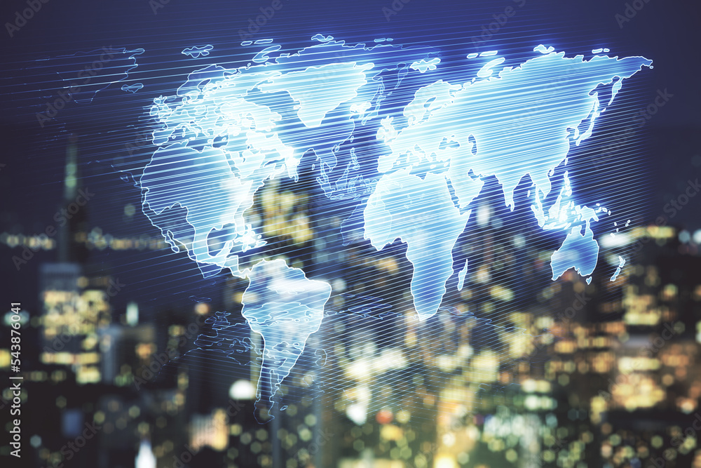 Poster multi exposure of abstract graphic world map on blurry skyscrapers background, big data and networki