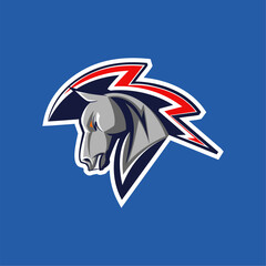 vector sport logo illustration of a horse head mascot seen from the side with hair resembling red lightning
