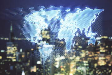 Multi exposure of abstract graphic world map on blurry skyscrapers background, big data and networking concept