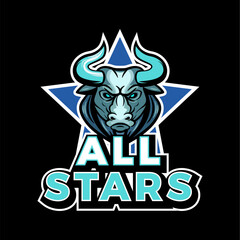 vector logo sport illustration of a bull mascot front view on a star that says all stars