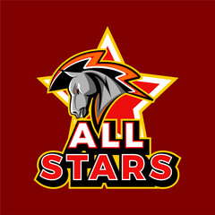 vector logo sport, horse head mascot illustration, side view, hair like lightning, above a star background above the bold writing all stars