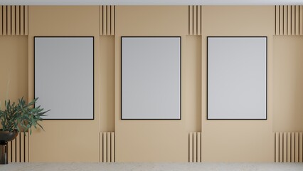 3 picture black frames on the exhibition stand. Gallery in beig peach fuzz 2024 tones. Three vertical canvas for art. A large museum hall for presentations pictures. 3d rendering
