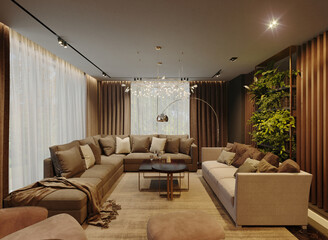 Modern living room interior. 3D visualization. Unique design.