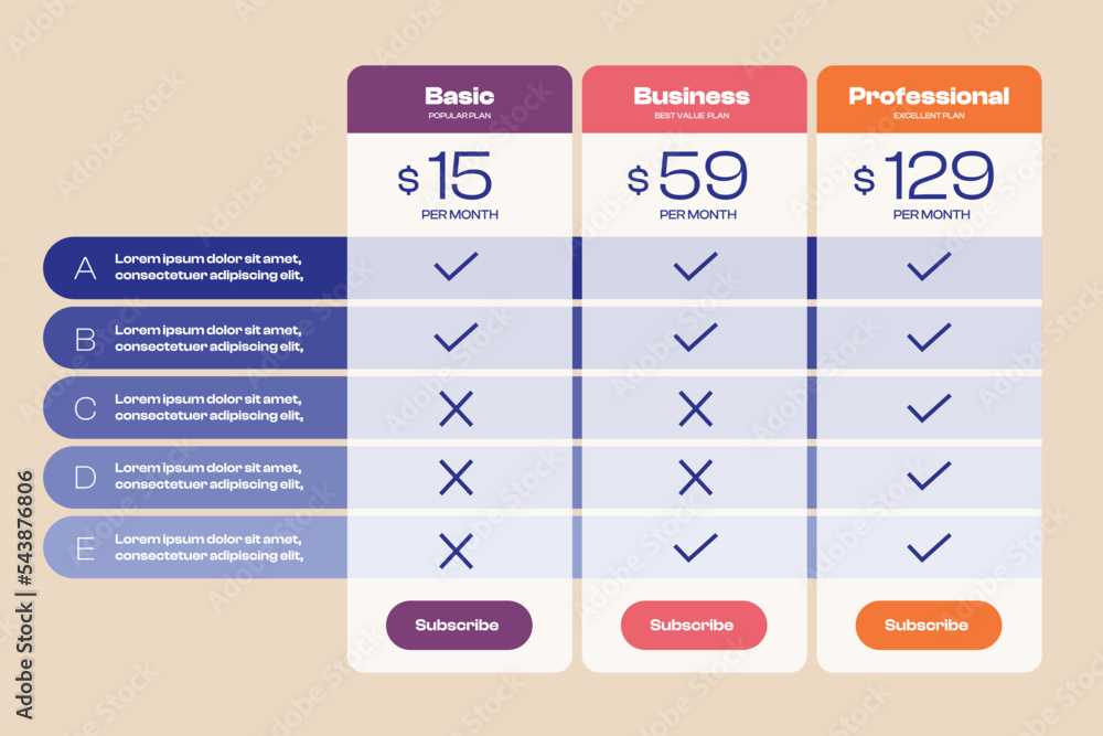 Fototapete template design ux ui price list. landing page website product package price and check box. vector i