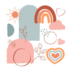 Set of boho elements: geometric shapes, plants, hearts, leaves, rainbow, sun. Stylized natural shapes for children's room decoration, bohemian fabric print, wall art, for greeting and invitation cards