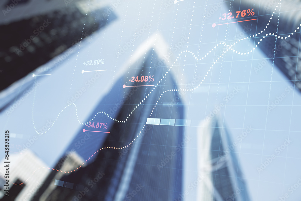 Poster double exposure of abstract virtual statistics data hologram on modern skyscrapers background, stati
