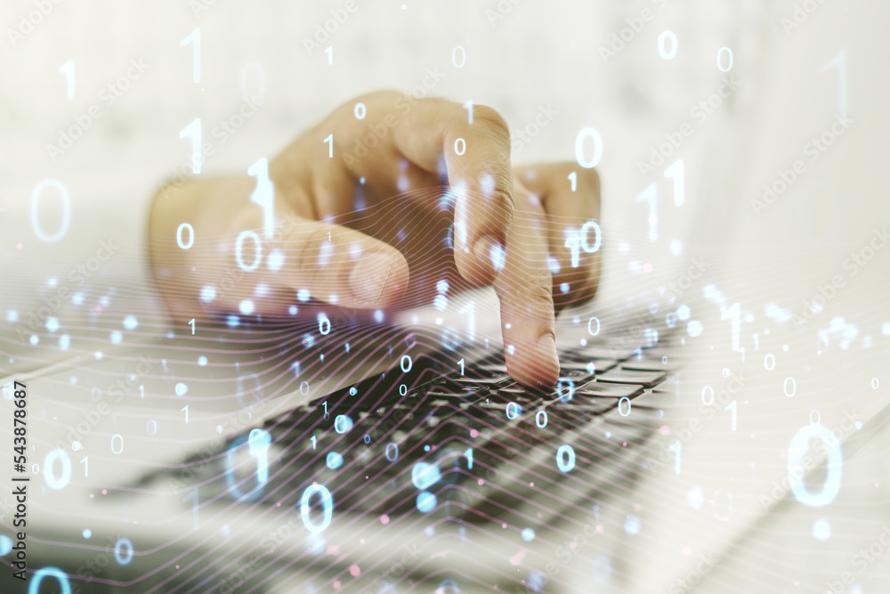 Aufkleber creative abstract binary code hologram and hands typing on computer keyboard on background, ai and m