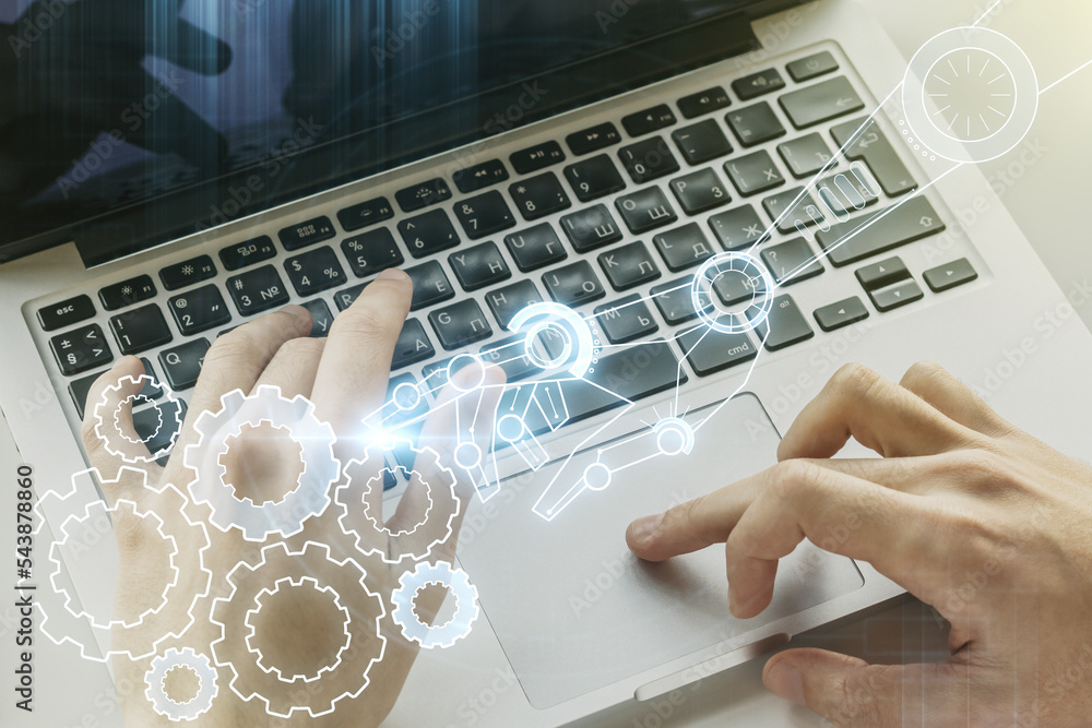 Poster creative concept of robotics technology and hands typing on laptop on background. robot development 