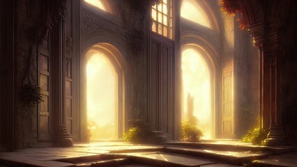 Obraz premium Large panoramic arched windows. Fantasy interior of the palace with windows to the garden. Rays of the sun, shadows. Majestic window. 