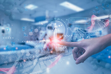 Women doctor or scientist finger touch DNA structure and molecular   and atom,cells sample,...