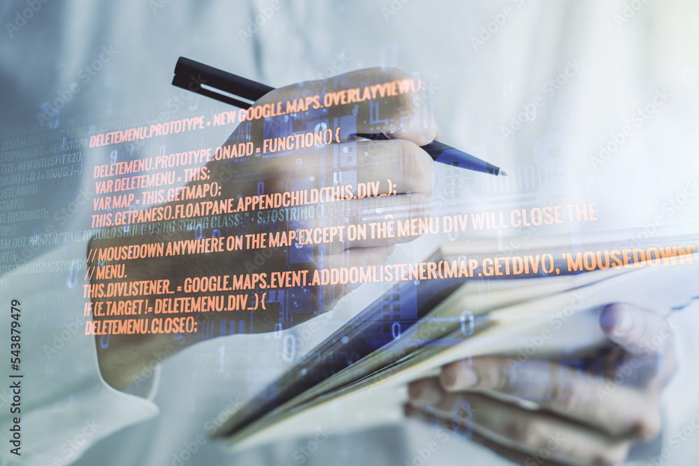 Fototapete multi exposure of abstract programming language hologram with man hand writing in notepad on backgro