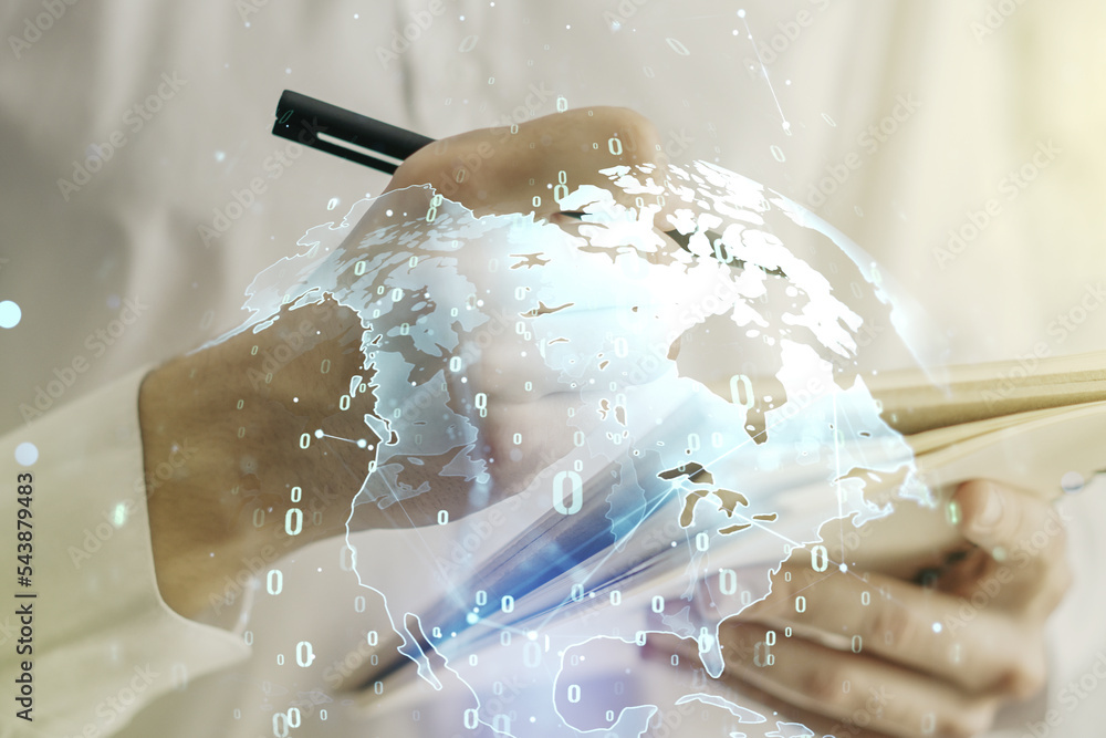 Aufkleber abstract creative coding illustration with world map and man hand writing in diary on background, in