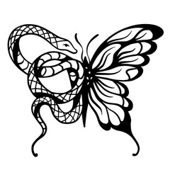 Black snake and butterfly. Dualistic tattoo in the style of the 90s, 2000s, 00s. Fashionable and stylish ornament