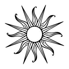 Black and white sun. A linart and an engraving of a star. Tattoo in the style of the 2000s. Sketch or doodle of the wind rose