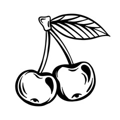 Cherry sketch. Doodle of two berries with a leaf. Woodcut is black. The idea of a girl tattoo in the style of the 2000s