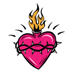 Doodle burning heart with barbed wire. Tattoo in the style of the 90s, y2k. Girl's transferable temporary tattoo