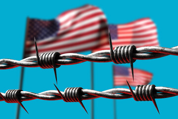 Barbed wire. American flags. Barbed fence in front of USA symbol. Metaphor for restricting...