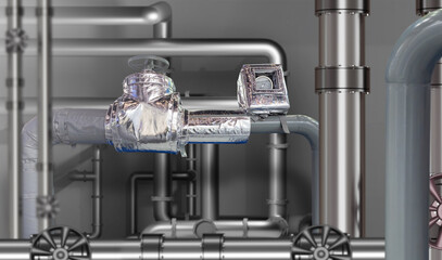 Boiler equipment. Steel pipes in basement. Boiler pipes wrapped in foil. Piping into shrouds to retain heat. Heating equipment in basement. Boiler room equipment sale concept. Heating tech. 3d image