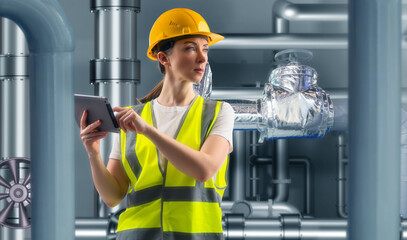 Woman in chemical plant. Girl works in chemical industry. Lady engineer in yellow vest and helmet....